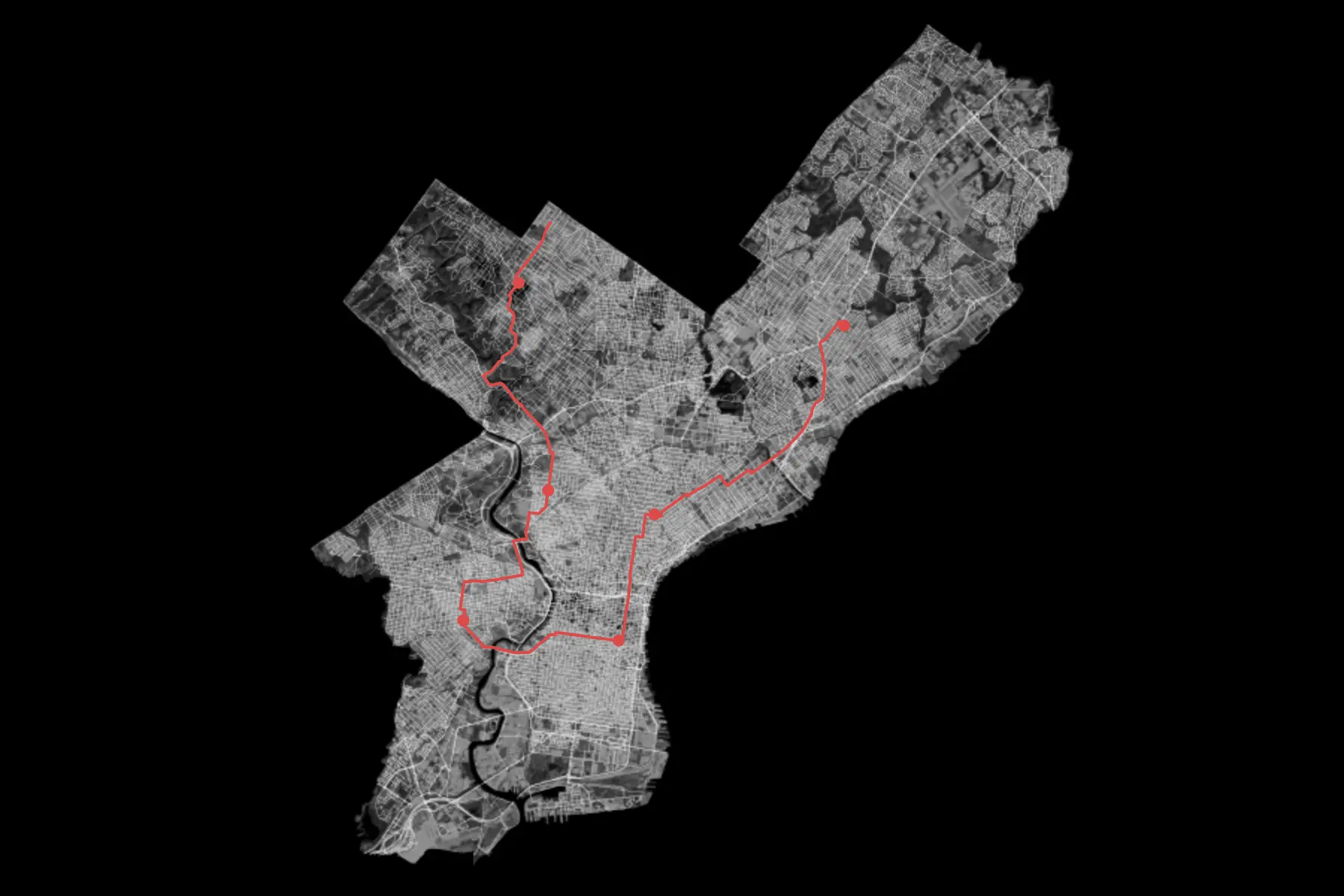 A map of Philadelphia, with a line tracing a route between different neighborhoods