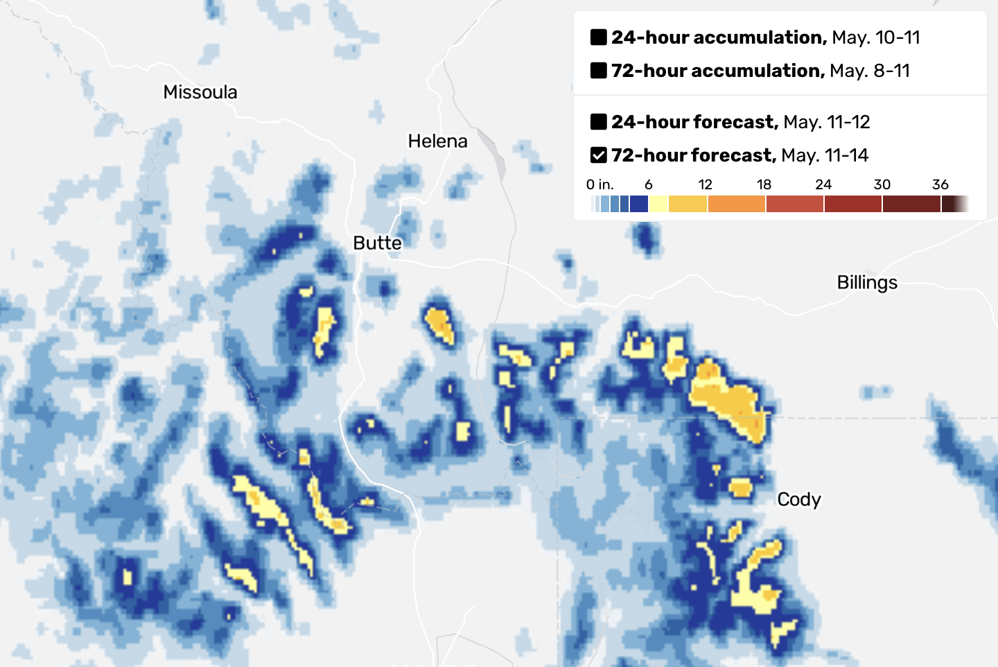 A screenshot of a map showing forecasted snow
