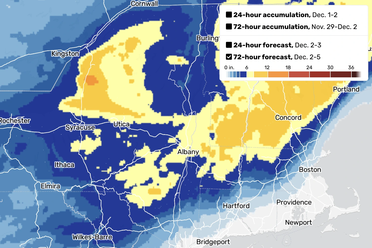 A screenshot of a map showing forecasted snow