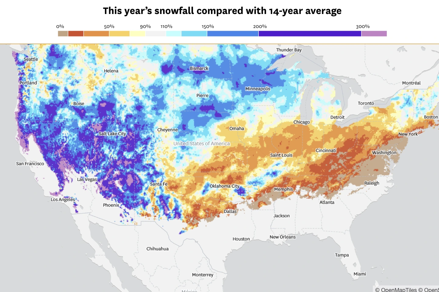Two maps comparing the snowfall in California from the 2023 water year to the historic recorded average