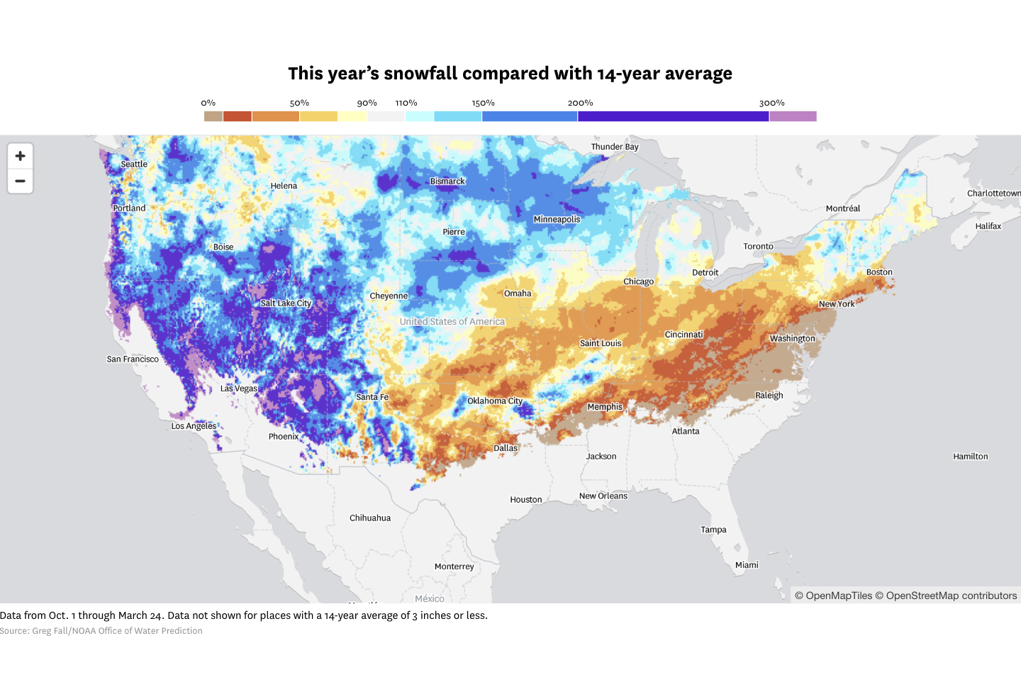 Two maps comparing the snowfall in California from the 2023 water year to the historic recorded average