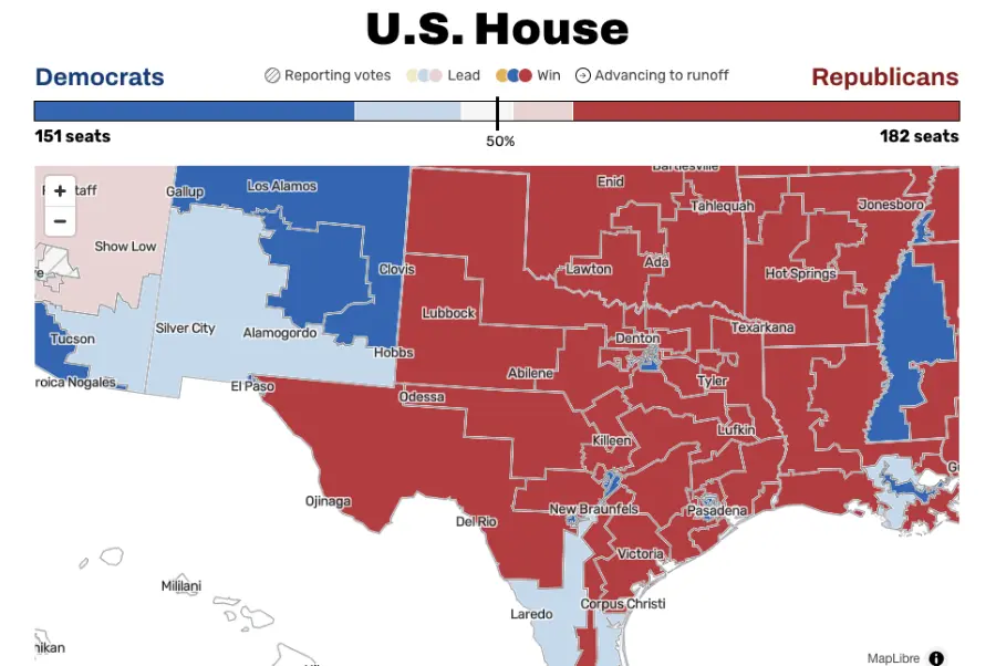 A screenshot of the U.S. House results for the 2024 general election