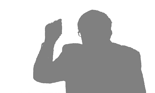 The silhouette of Bernie Sanders moving and pointing as he speaks