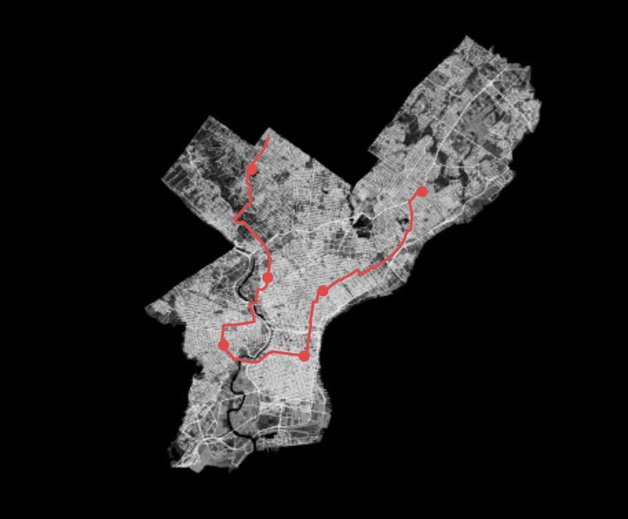 A map of Philadelphia, with a line tracing a route between different neighborhoods