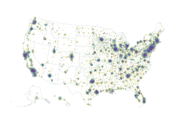 A US map with dots representing the locations of PPP loans filed
