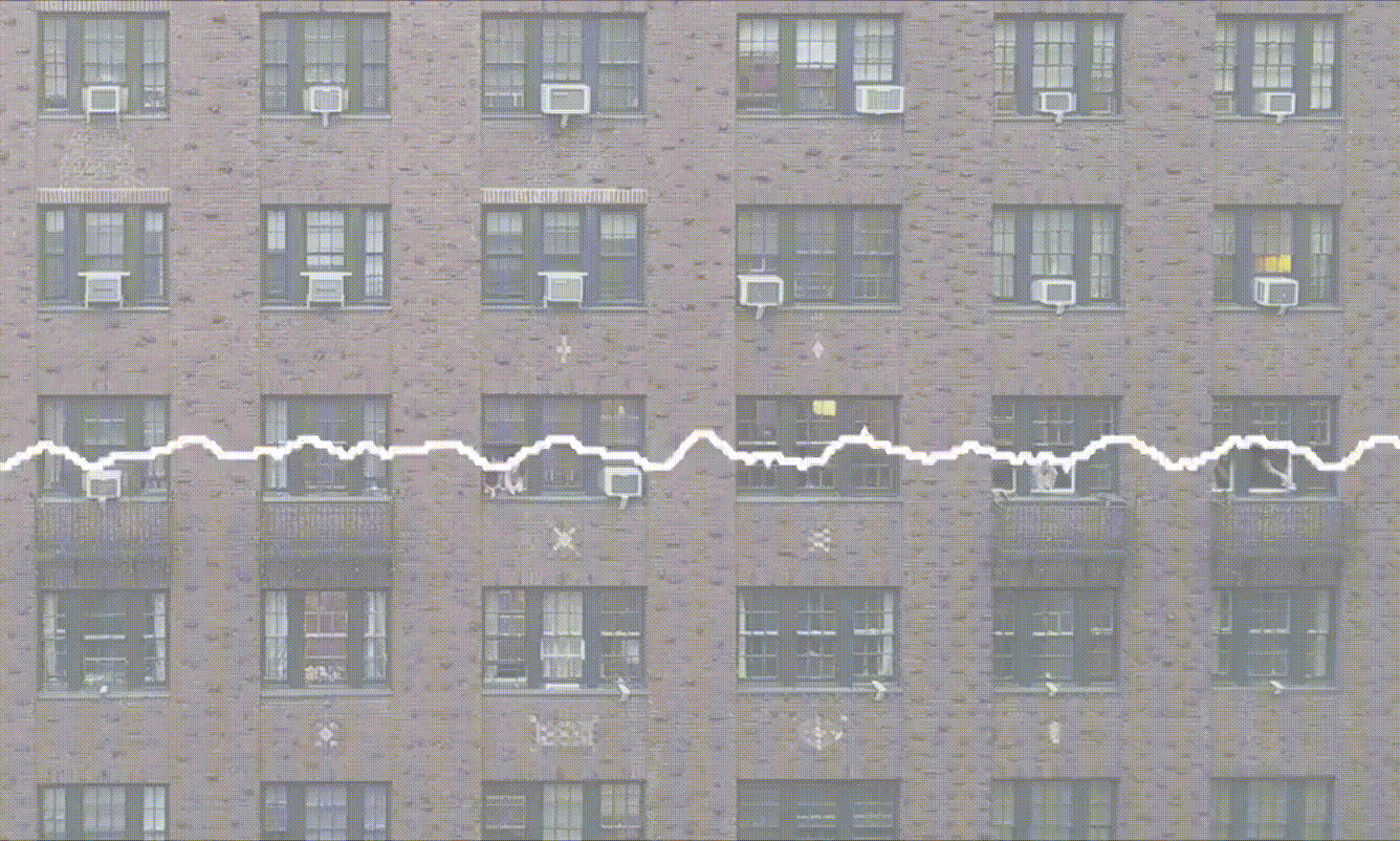 A sound wave superimposed on a photo of an apartment building